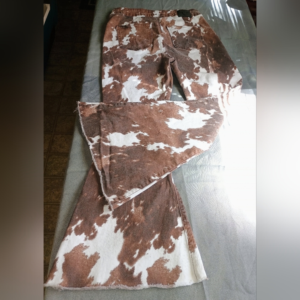L&B Brown and White Cow Print Flare Jeans - Picture 8 of 8